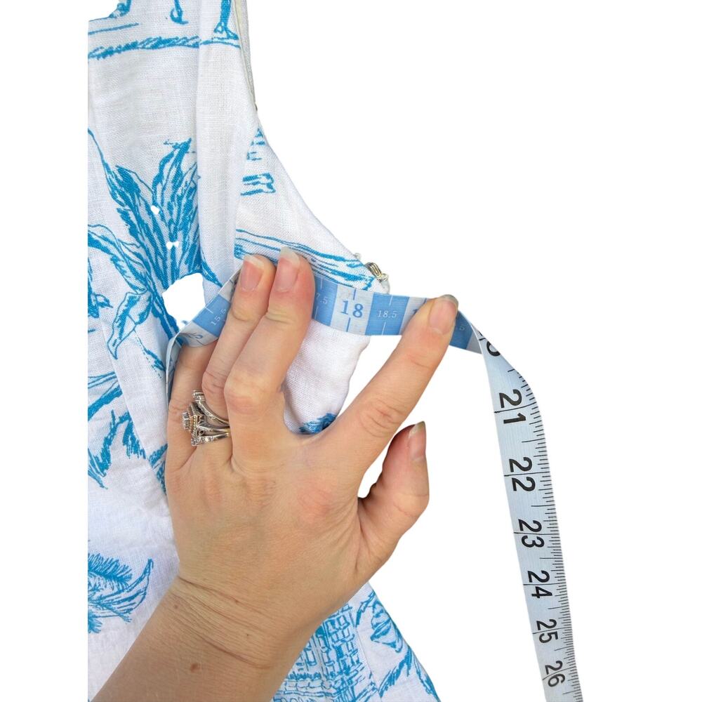 Joie Blue White Palm Tree Print Linen Blend Square Neck Midi Dress - Picture 7 of 9